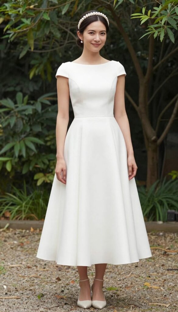 Woman in white puff-sleeve wedding dress with pearl headband in garden