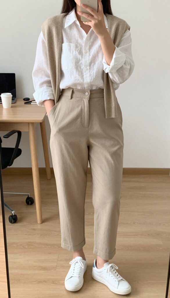 A woman in a linen button-down with a sweater vest, high-waisted cropped trousers, and white sneakers, standing in a bright office or café.
