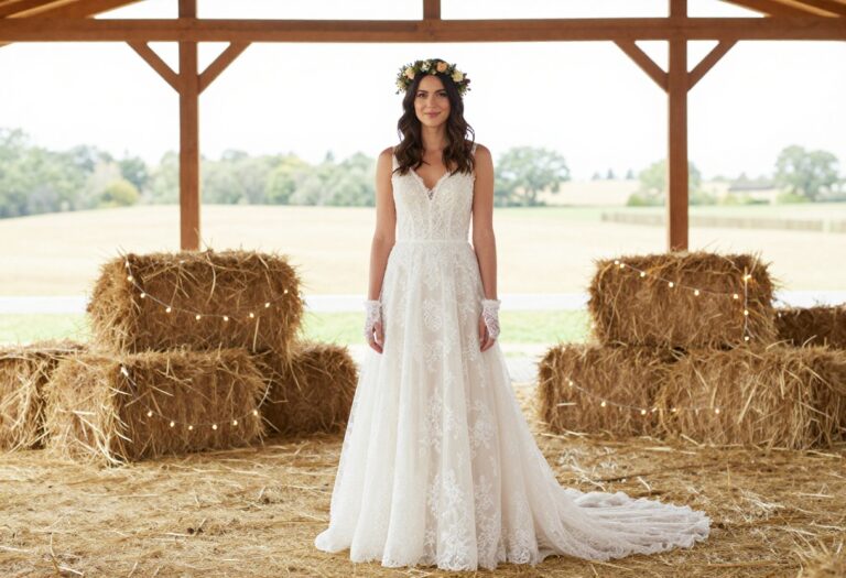 Bride in lace wedding dress with fingerless gloves in a barn