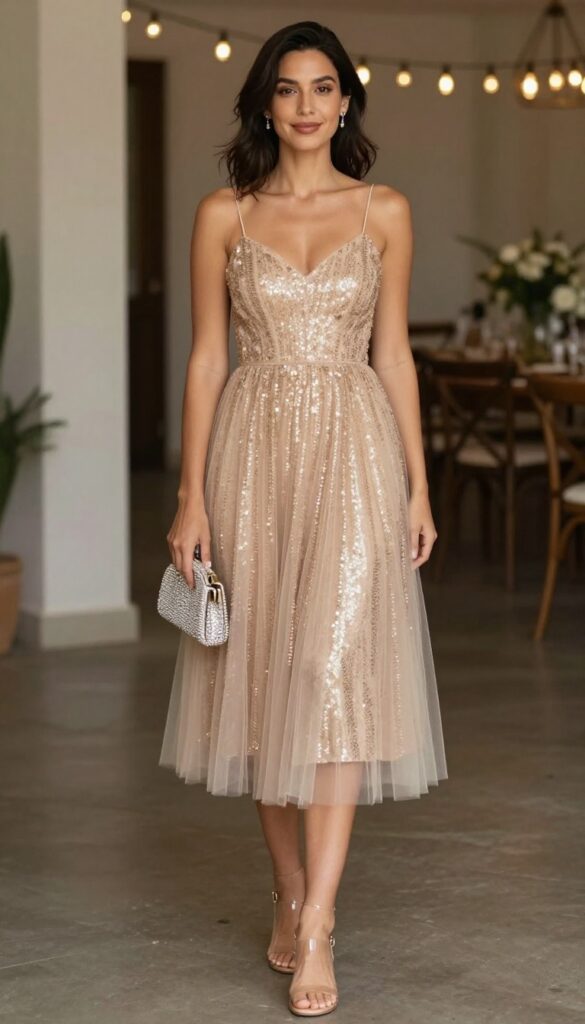 Midsize woman in champagne sequin midi dress with tulle skirt at evening wedding