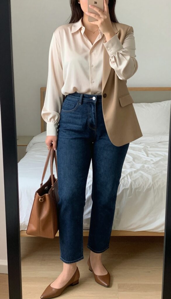 Woman in high-waisted jeans, silk blouse, and blazer taking a mirror selfie in bedroom