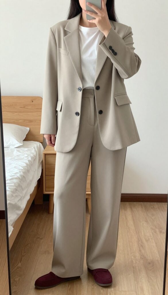 Woman in oversized blazer, wide-leg trousers, and white tee, posing in mirror selfie
