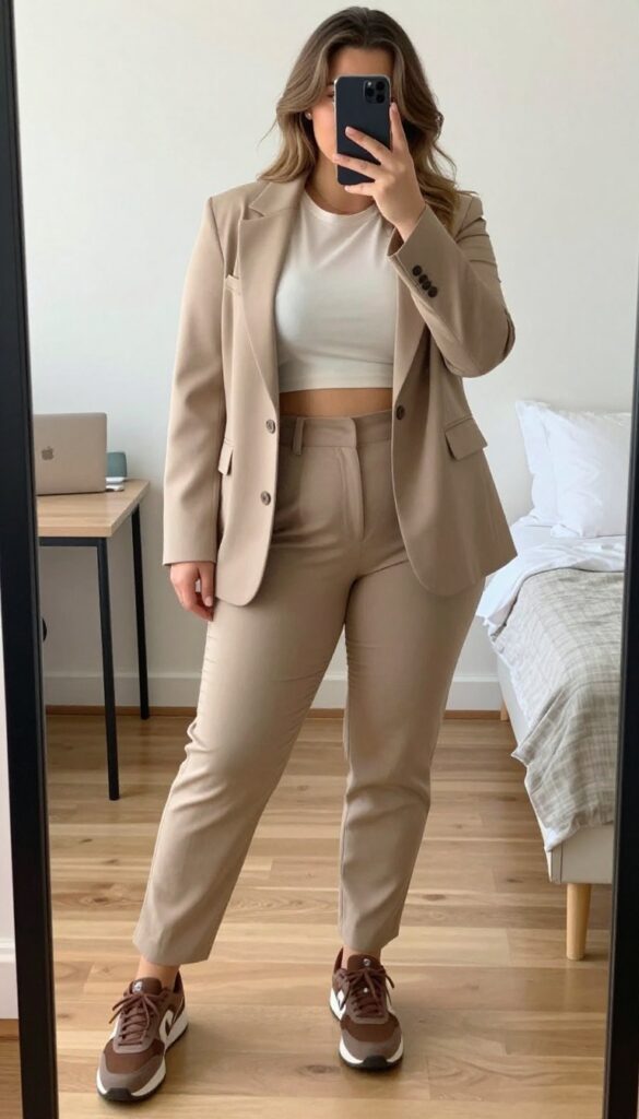 Cropped blazer with high-waist trousers and bold sneakers for business casual outfit idea