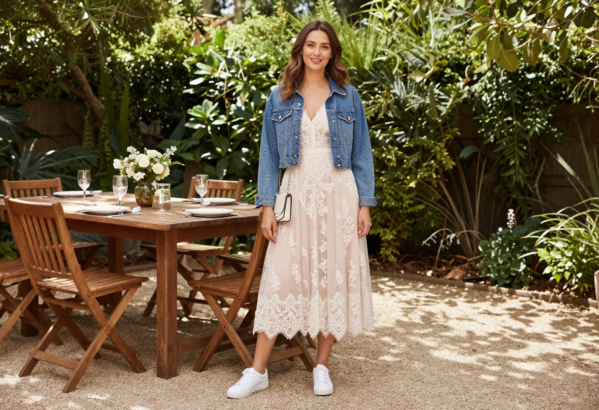 Woman in blush lace wedding dress with denim jacket and sneakers in garden