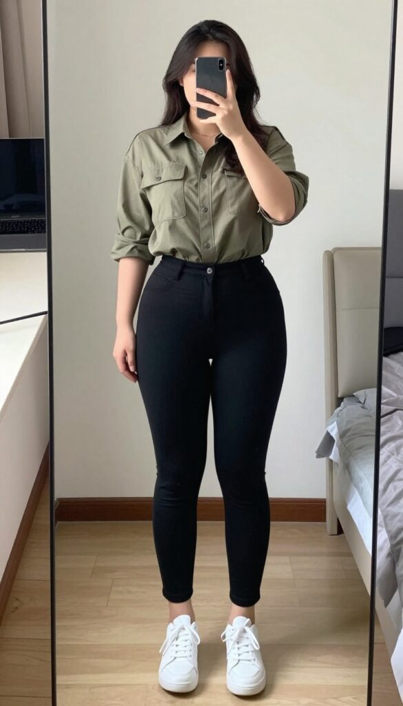 A woman in an olive utility shirt and black ponte pants with white trainers, standing in a bright office or coffee shop.