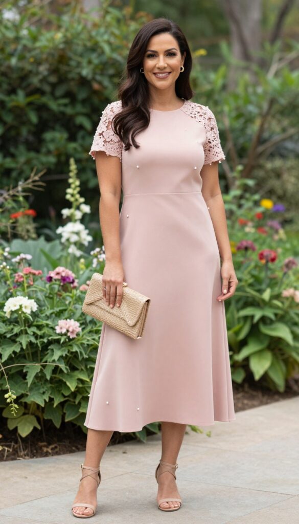 Midsize woman in blush pink lace A-line midi dress with nude sandals and clutch in garden