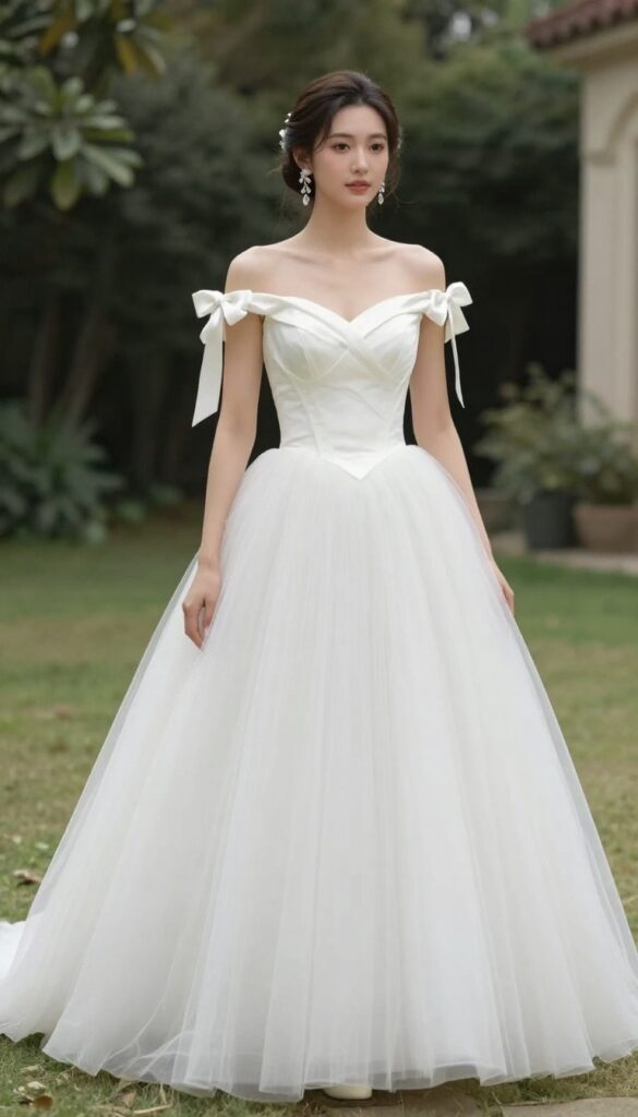 Woman in white tulle ball gown with bow-embellished shoulders, cathedral veil, and crystal earrings, standing in a bright church or garden setting.