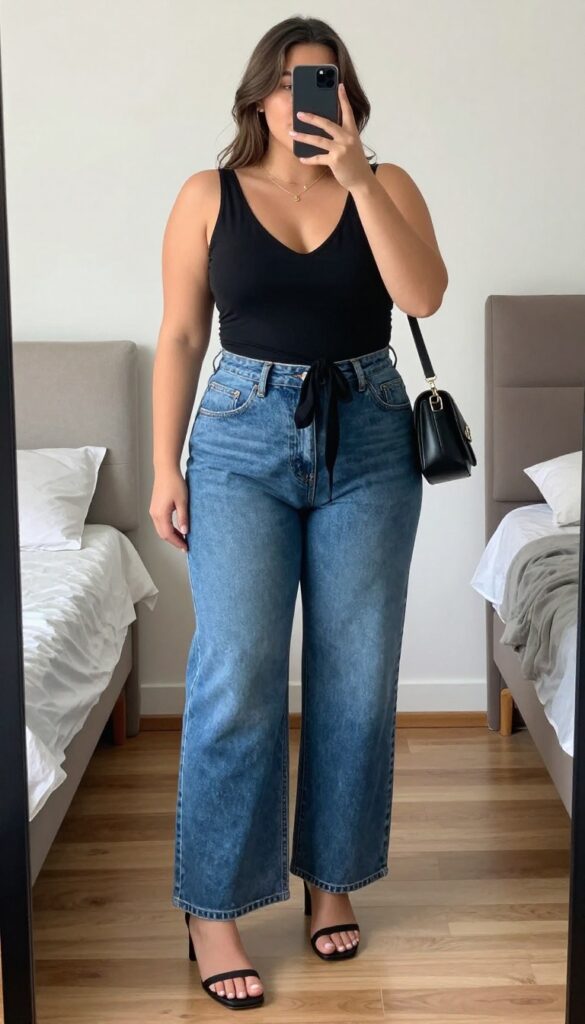 A woman in a fitted wrap top and wide-leg jeans with heeled sandals, holding a structured crossbody bag, looking polished and relaxed.