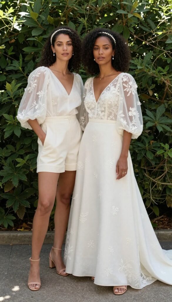 Dark-skinned woman in vintage-inspired tea-length wedding dress with puffed sleeves and floral embroidery, standing in a garden.