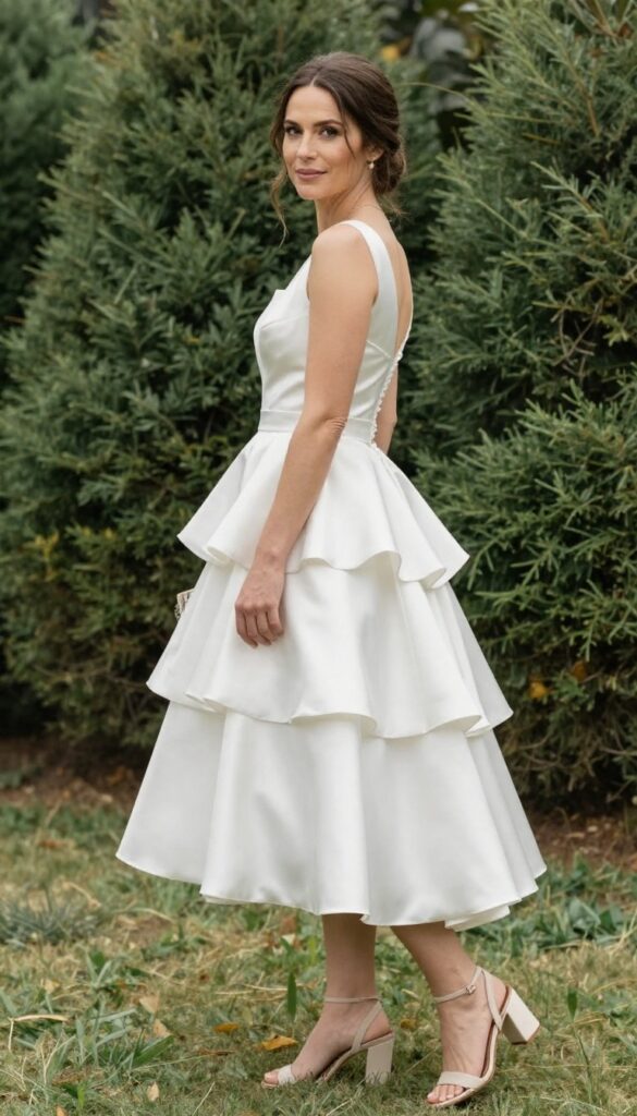 Woman in high-low silk wedding dress with layered ruffles at outdoor garden wedding