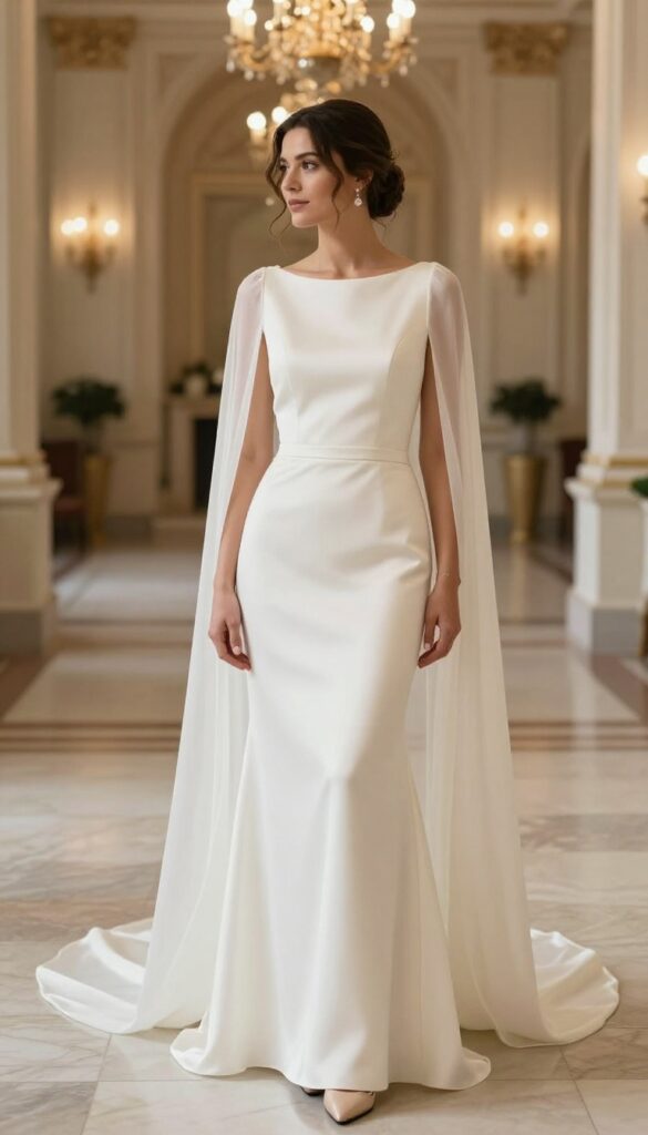 Woman in ivory fit-and-flare wedding dress with cape sleeves standing in grand ballroom