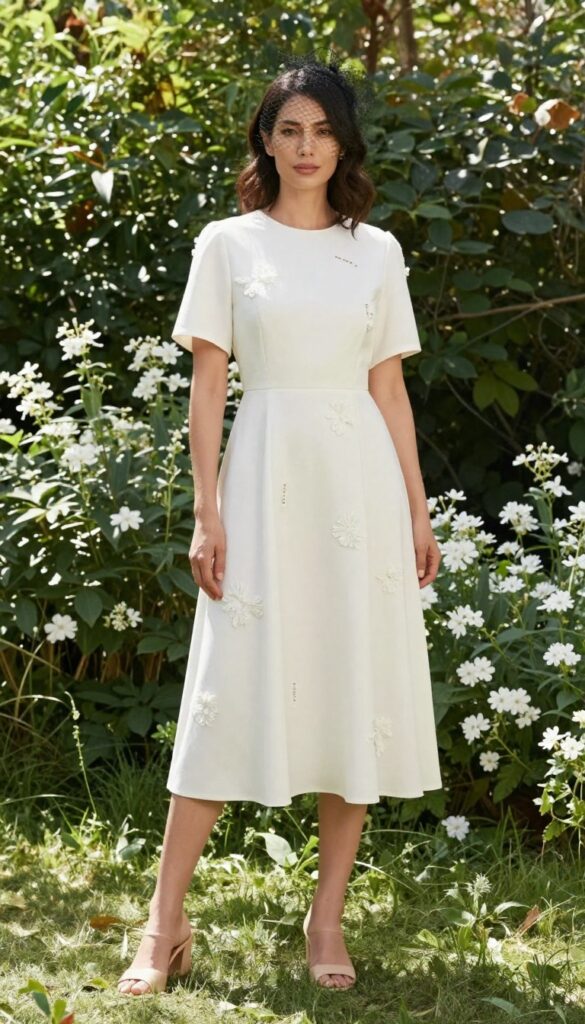 Bride in tea-length floral appliqué dress with nude mules and birdcage veil in garden