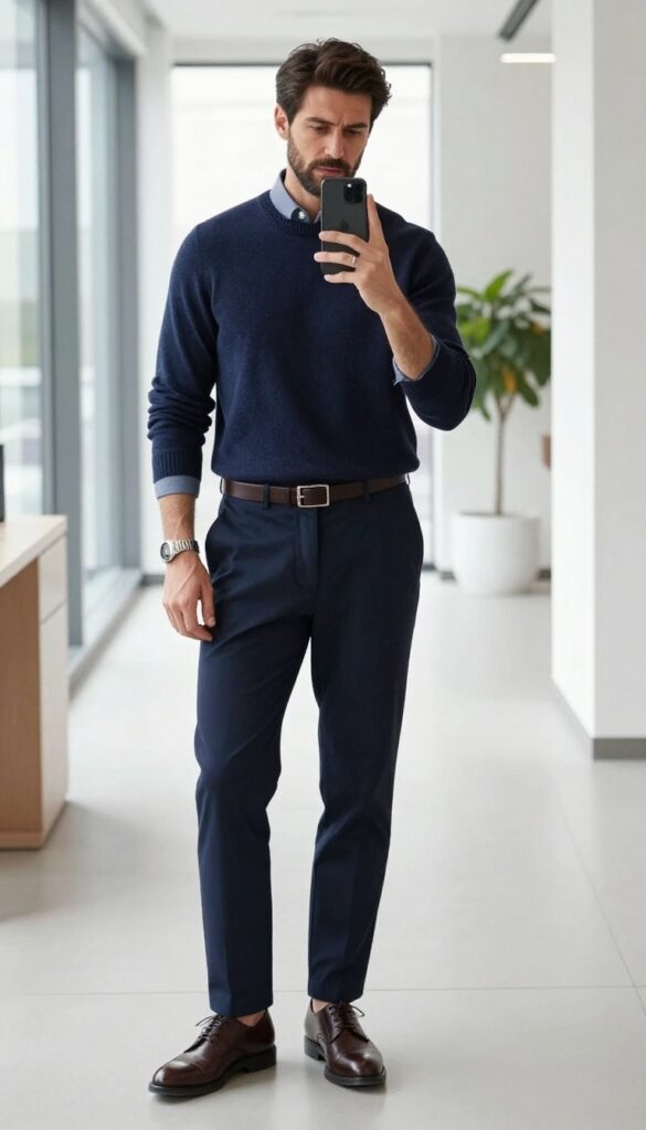 A man in a monochrome navy outfit taking a mirror selfie in a bright office hallway, wearing a navy sweater over a lighter navy shirt and dark chinos.