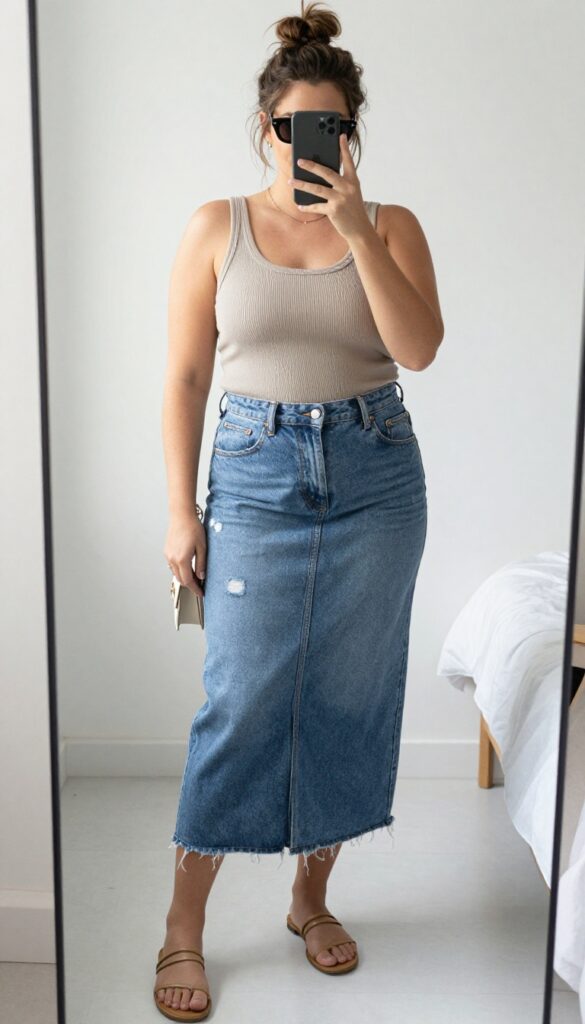 Plus-size woman in a fitted tank top and distressed midi jean skirt, taking a mirror selfie with her phone partially covering her face. She wears sandals, a mini bag, and sunglasses, with her hair in a messy bun. Bright natural light, casual summer outfit.