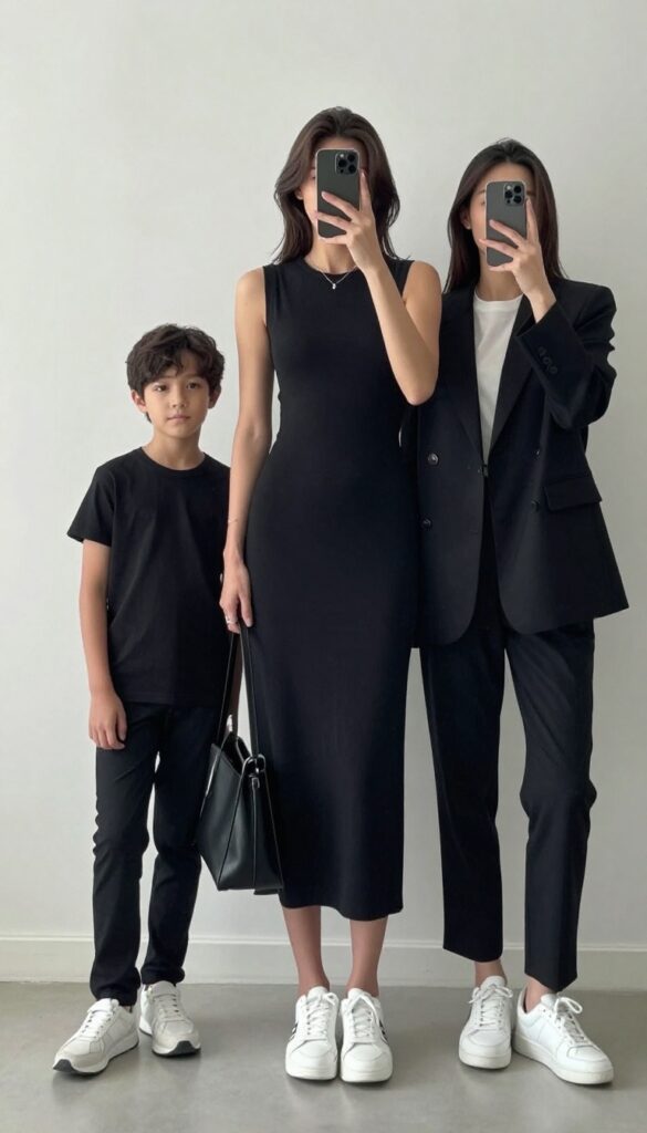 Mom and son in all-black minimalist outfits with white sneakers, posing in a mirror selfie. Mom wears a black dress with trousers and carries a black handbag; son wears a black tee and pants. Bright natural light, clean background.