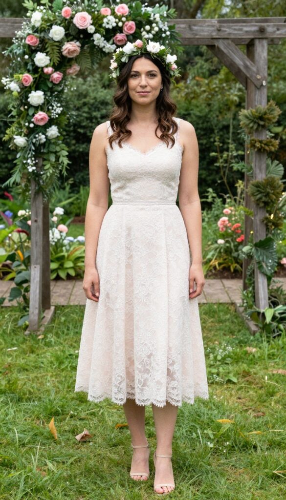 Adult woman in blush lace fit-and-flare dress with floral crown and barefoot sandals at outdoor garden wedding.