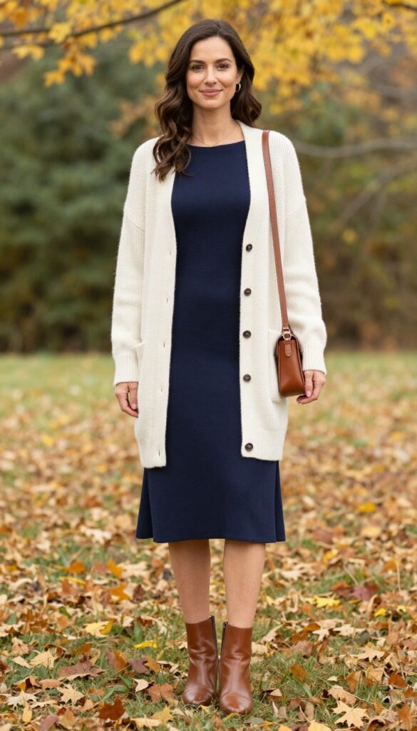 Woman in navy boatneck dress and cream cardigan with ankle boots in autumn setting