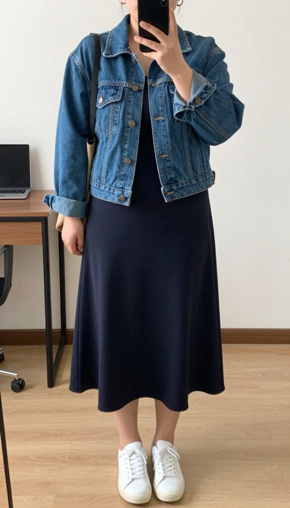 A woman in a denim jacket, navy midi dress, and white sneakers standing in a bright office