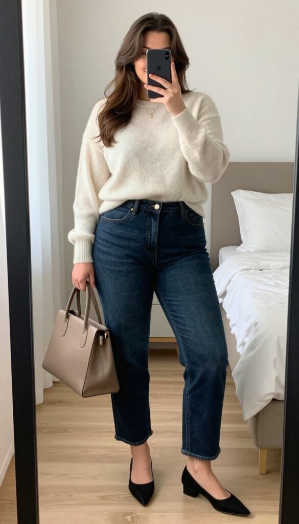 Woman in raw hem jeans and cashmere sweater with pointed flats, standing in a bright airport or office setting.