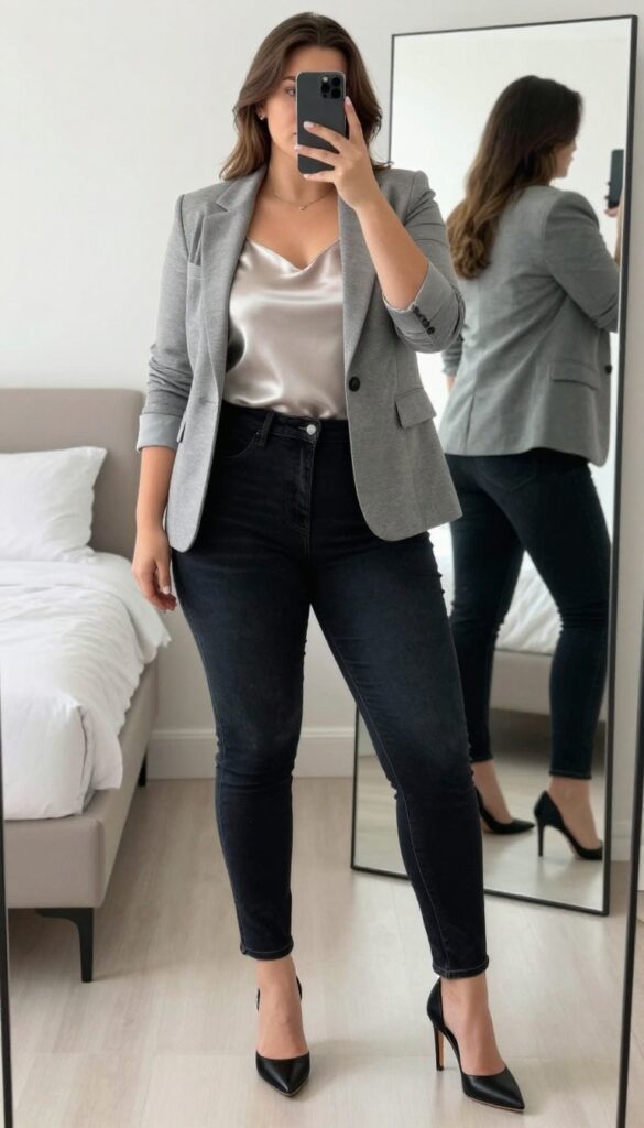 A teenage girl in a gray blazer and silk camisole tucked into dark wash skinny jeans, accessorized with a black soft board, posing in a mirror selfie.