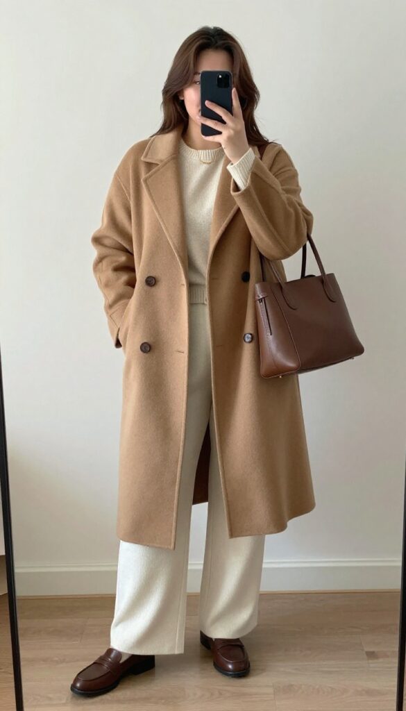 Woman in camel coat and cream knit with wide-leg trousers, holding a structured tote, standing in a city street setting.