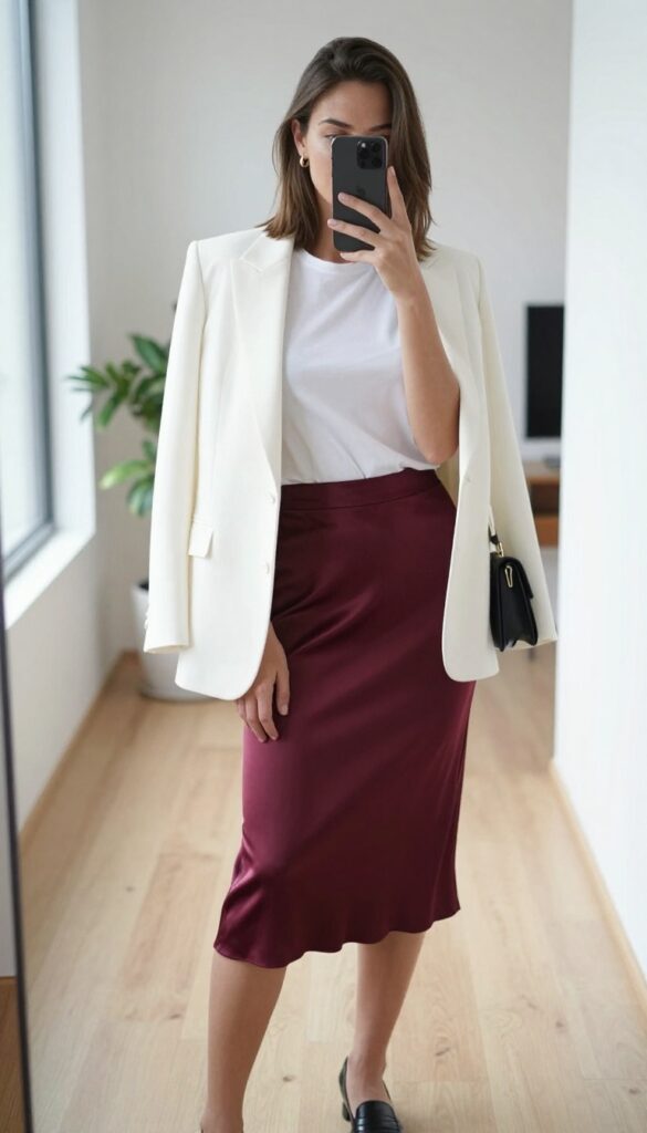 Woman in burgundy satin midi skirt, white tee, and black blazer taking a mirror selfie in a bright office hallway.