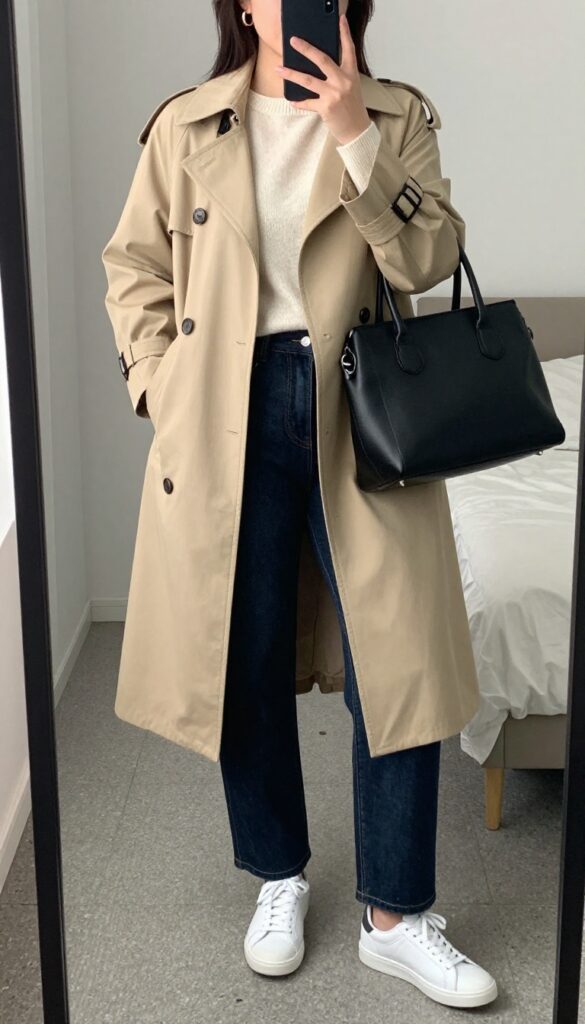 A woman in a beige trench coat, cream sweater, straight-leg jeans, and white sneakers walking on a city street.