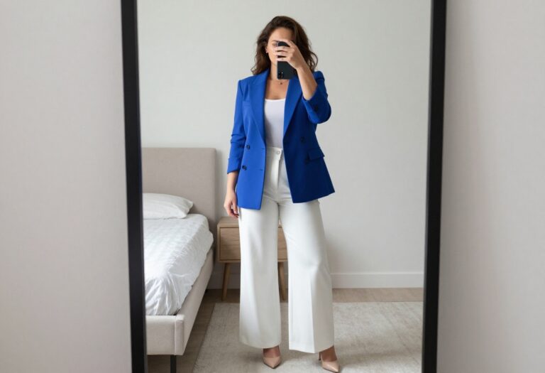 Woman in electric blue blazer and white wide-leg trousers taking a mirror selfie in bedroom