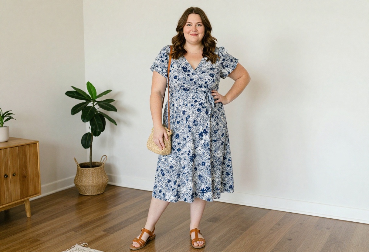 Plus size woman in floral wrap dress with sandals, standing in a bright living room