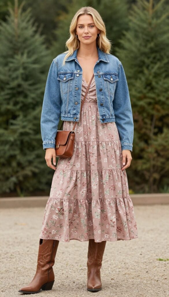 Woman in denim jacket, floral maxi dress, and western boots at rustic barn wedding