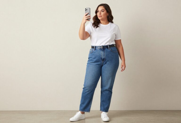 Plus-size woman in a high-waisted jean skirt and white tee, taking a mirror selfie, casual outfit.