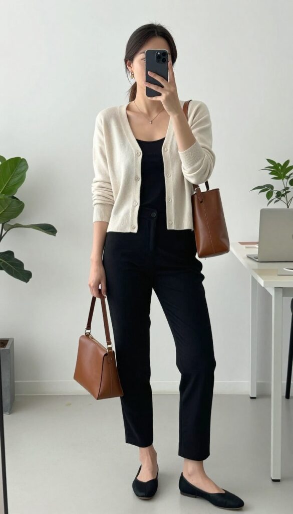 Woman in cream cardigan and black camisole with slim pants, posing in front of a mirror in a bright office setting.