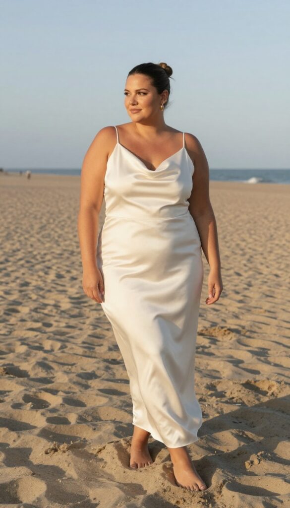 Plus-size woman in satin slip dress with cowl neckline standing barefoot on beach at golden hour