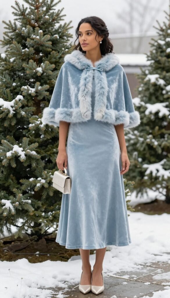 Simple A-line plum velvet wedding dress with velvet cape and faux fur collar for winter wedding