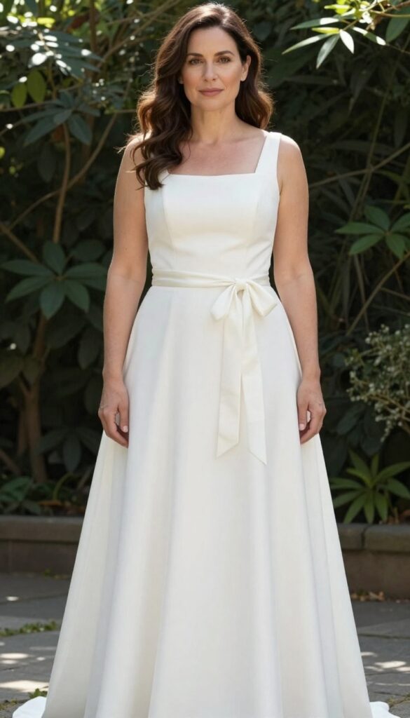 Square neck wedding dress with satin ribbon bow belt in garden