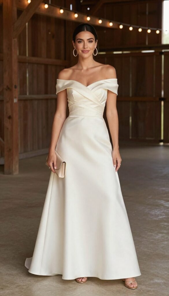 A woman in an off-shoulder cream satin gown with statement earrings at a rustic barn wedding