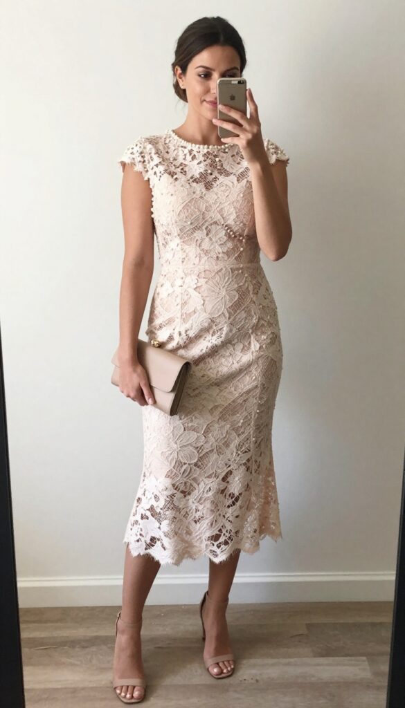 Woman in blush lace midi dress with cap sleeves in sunlit garden