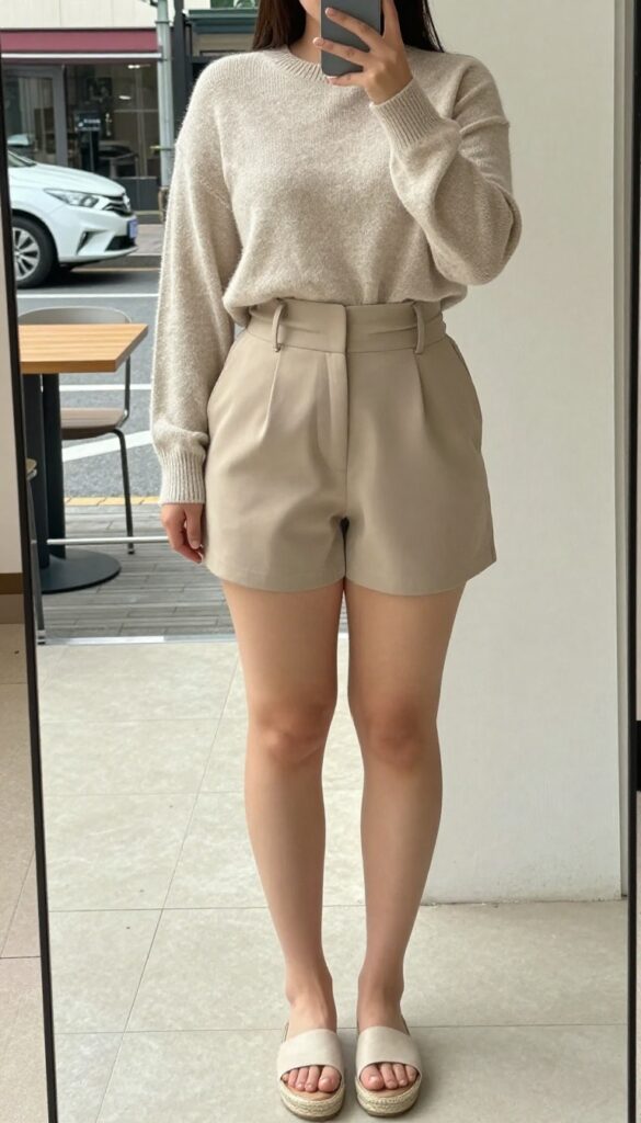 Petite woman in cashmere sweater and paperbag waist shorts, standing by a café, looking polished and cool.