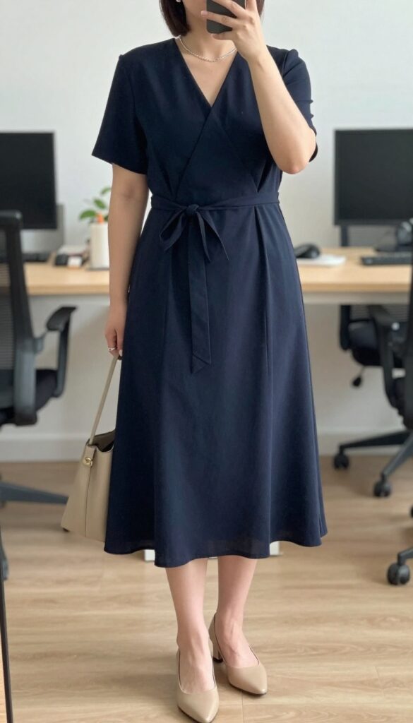 Curvy woman in a wrap dress with minimalist jewelry and pointed flats, posing in a warm-weather office setting.