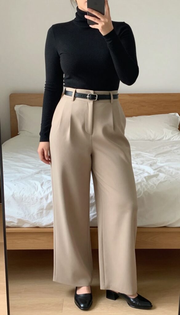 Wide-leg trousers with fitted turtleneck, high-waisted, tucked in, with leather mules and belt bag, neutral colors, professional yet chic