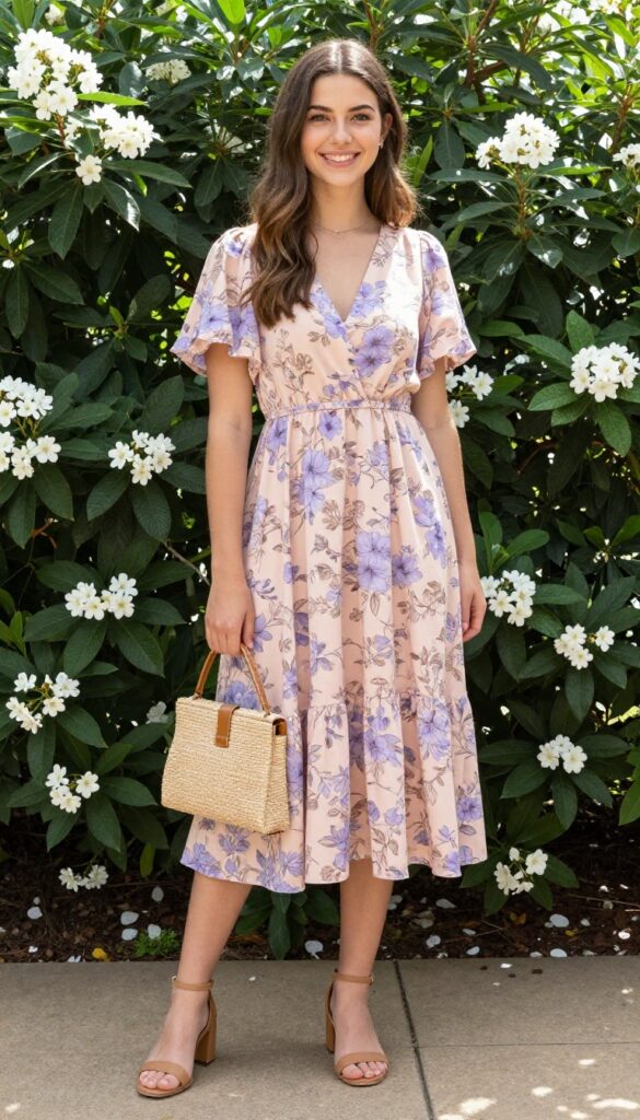 Teen girl in floral midi dress with block heels and woven clutch in garden
