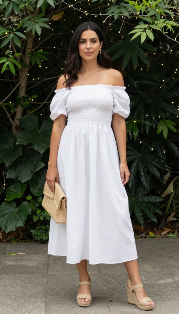 Woman in white off-the-shoulder dress and wedge sandals at garden wedding