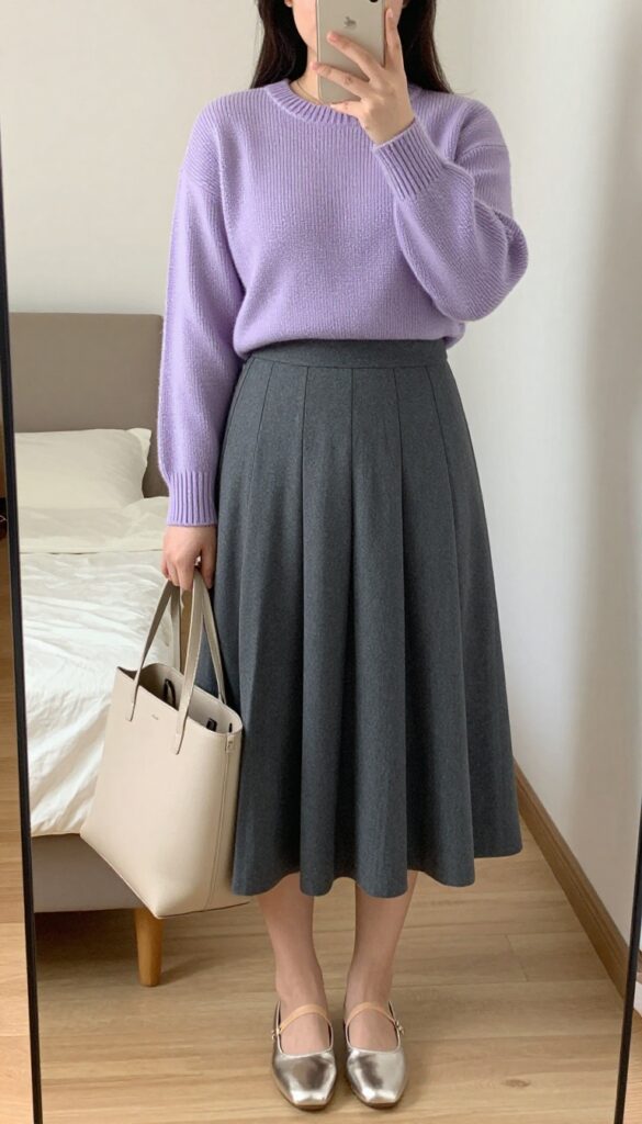 Petite woman in lavender sweater and gray pleated midi skirt with metallic flats and beige tote, standing in a mirror selfie pose.