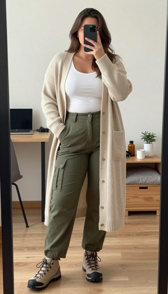 Woman in oatmeal cardigan, white tee, olive cargo pants, and hiking boots, posing in a mirror selfie in a bedroom, partially covering face with phone.