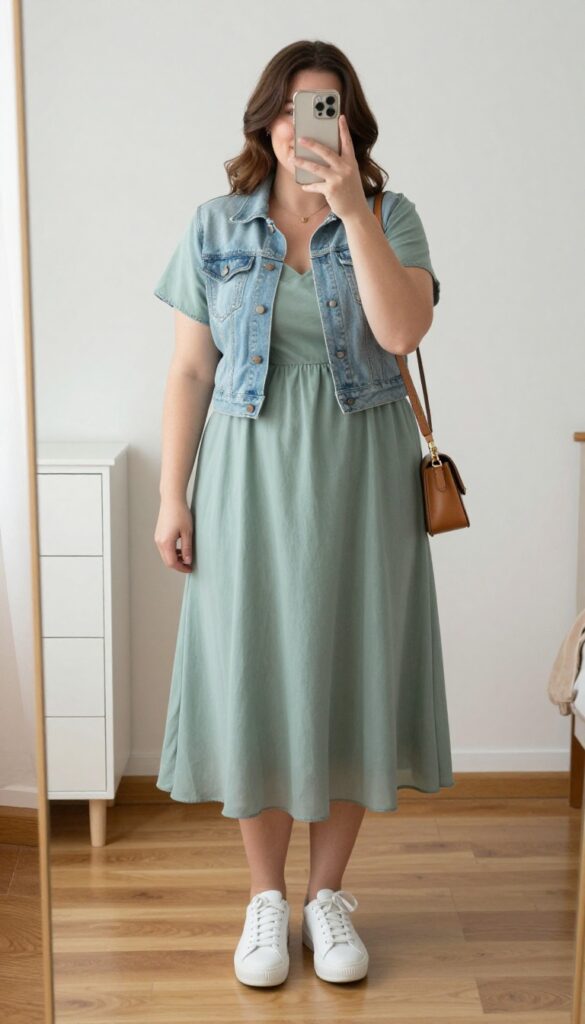 Plus-size mom in a sage green midi dress, denim jacket, and white sneakers taking a mirror selfie.