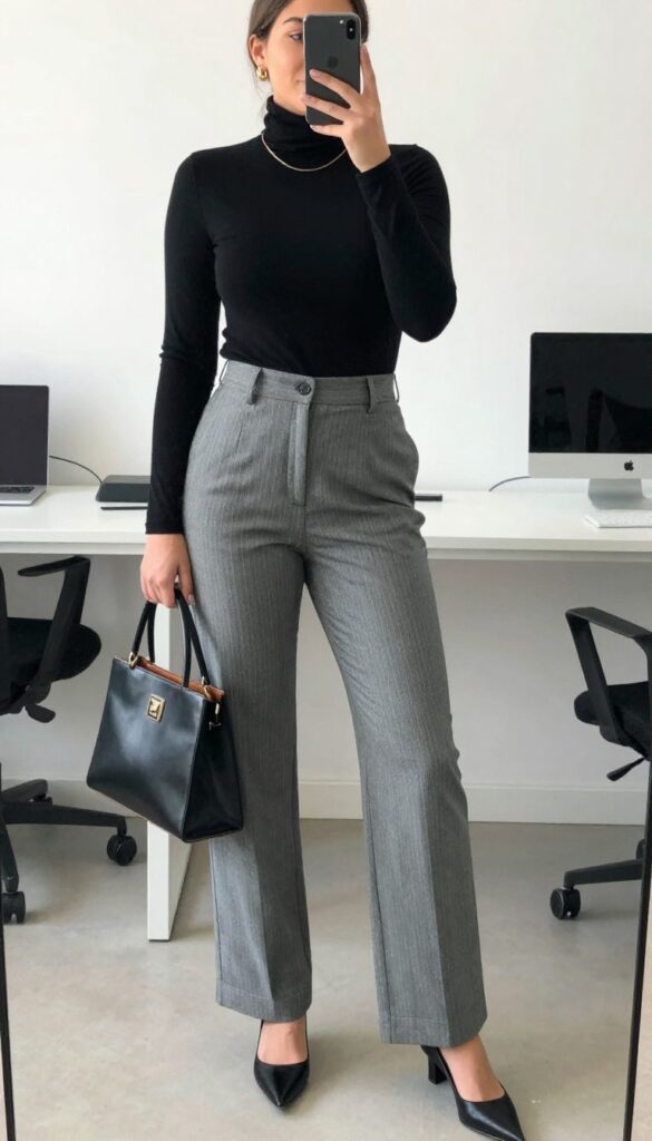Woman in grey pinstripe pants and black turtleneck with pointed flats and leather tote, taking a mirror selfie in bedroom.