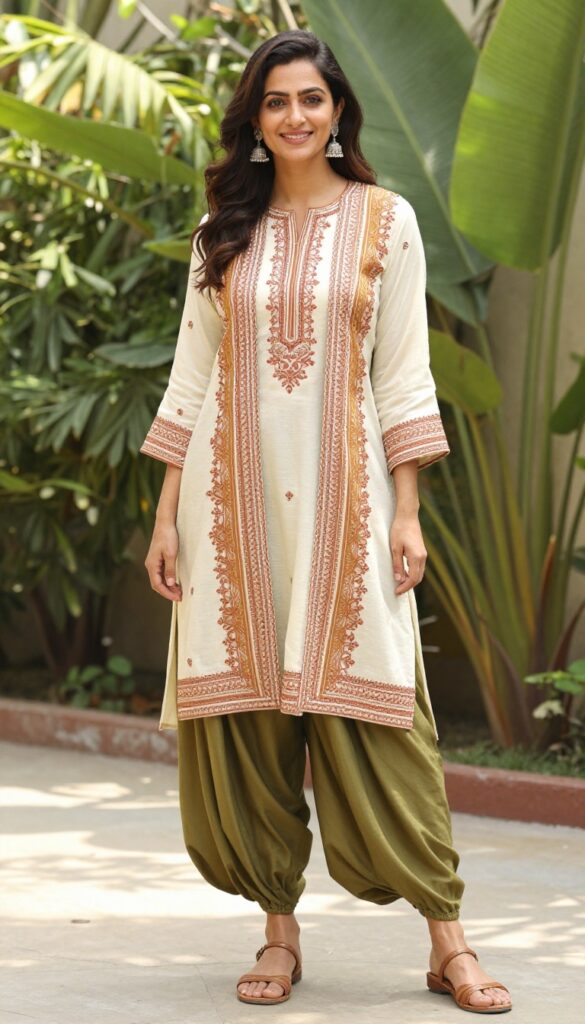 Woman in embroidered cream kurti, olive dhoti pants, and mustard vest with silver earrings and kolhapuri sandals in garden