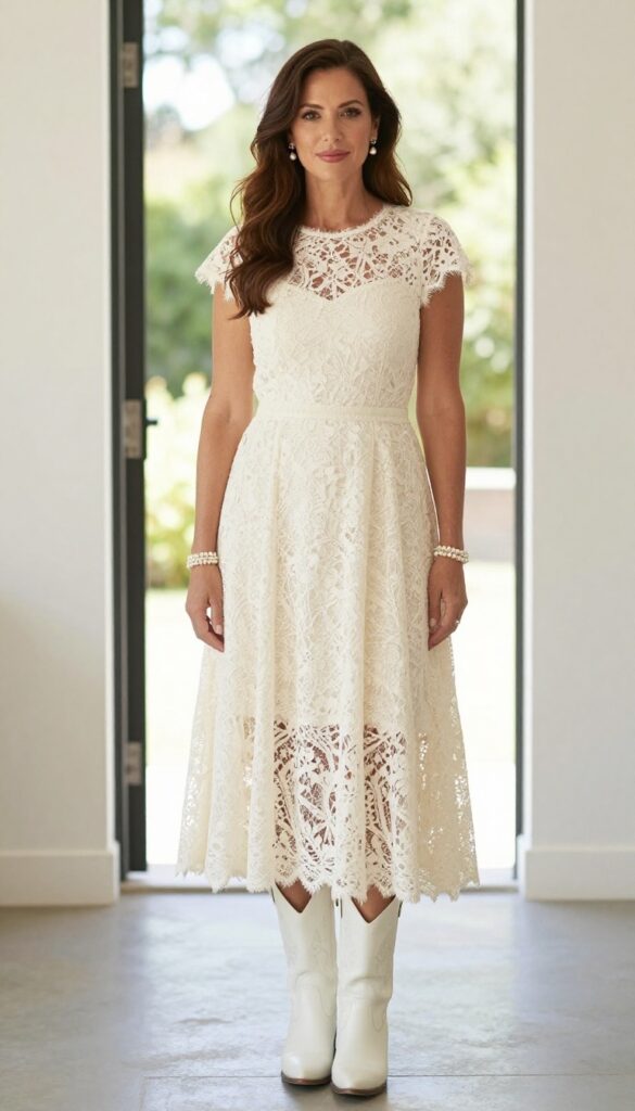 Young adult woman with long brown hair in loose waves wearing cream lace tea-length dress with full skirt, pearl accessories, and white cowboy boots in a sunlit barn doorway.