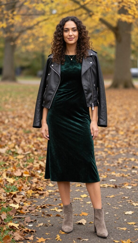Woman in forest green velvet midi dress with leather jacket and suede boots in autumn park