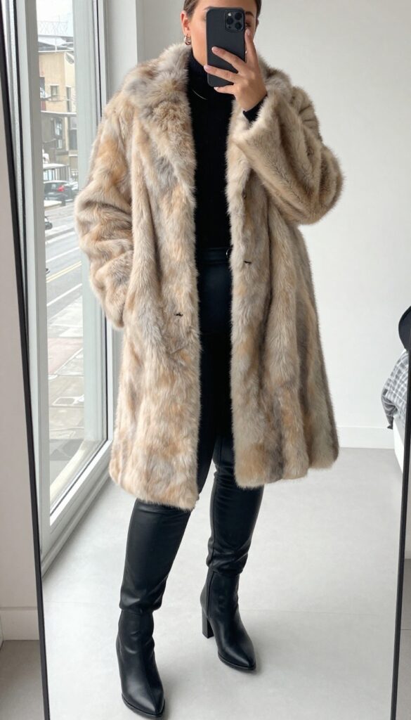 A woman in a camel faux fur coat, black turtleneck, and black leather pants poses in a mirror selfie, holding a phone partially covering her face. She wears heeled ankle boots and carries a structured tote.